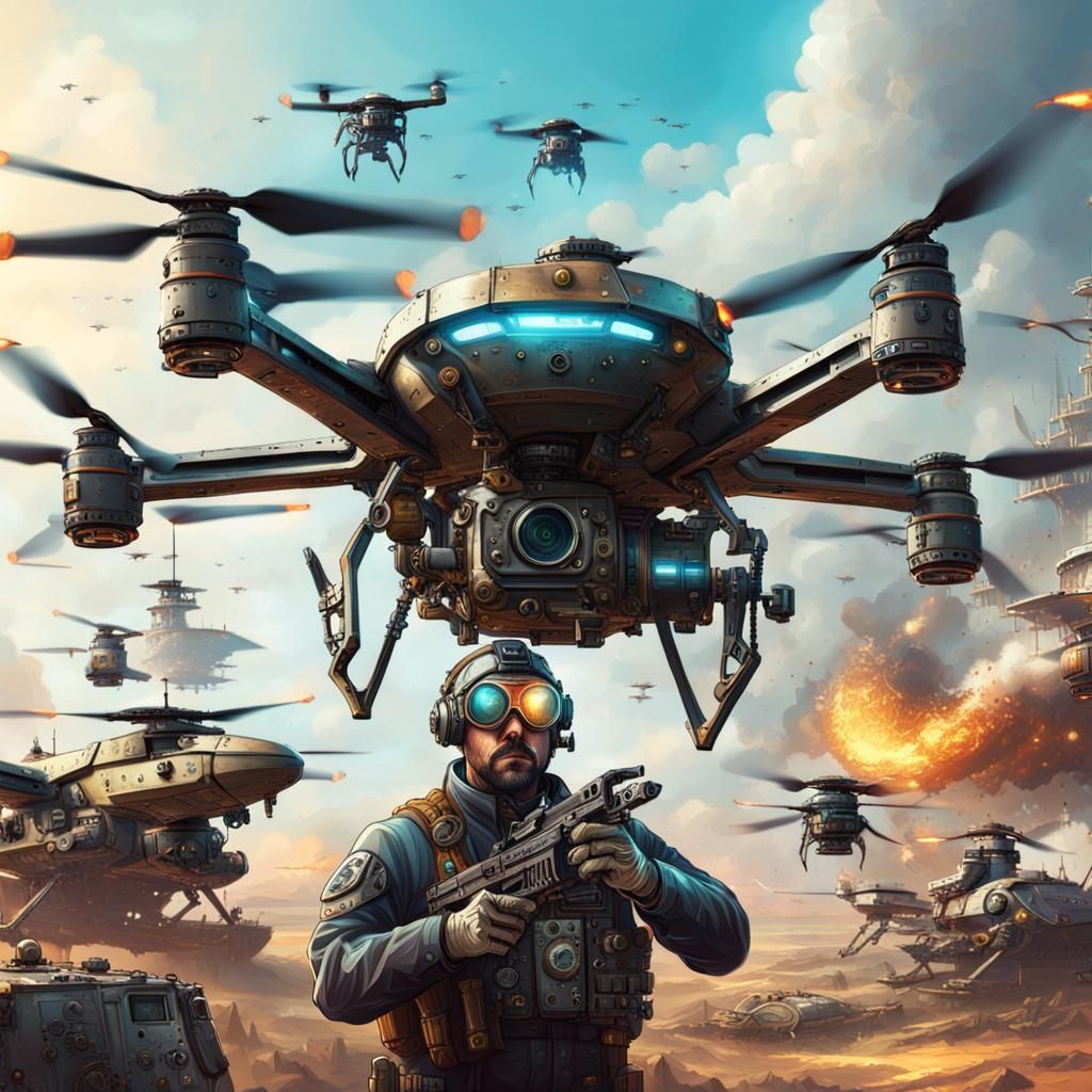 Steampunk Surveillance Drone Fleet in Hyperrealistic Style