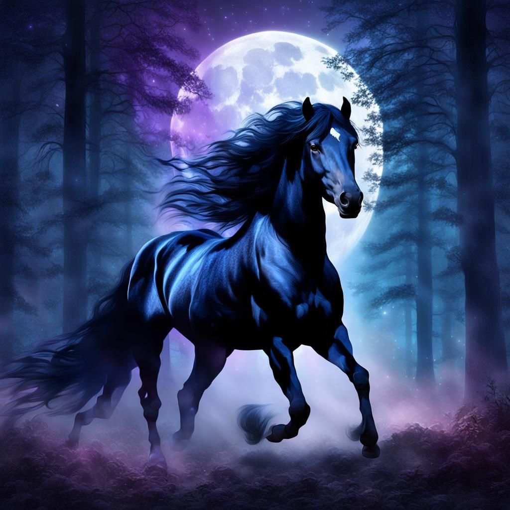 Black Stallion Runs Through Misty Moonlit Forest