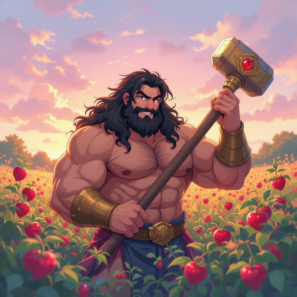 Joyful Himbo Wrestler with Magical Hammer at Sunrise