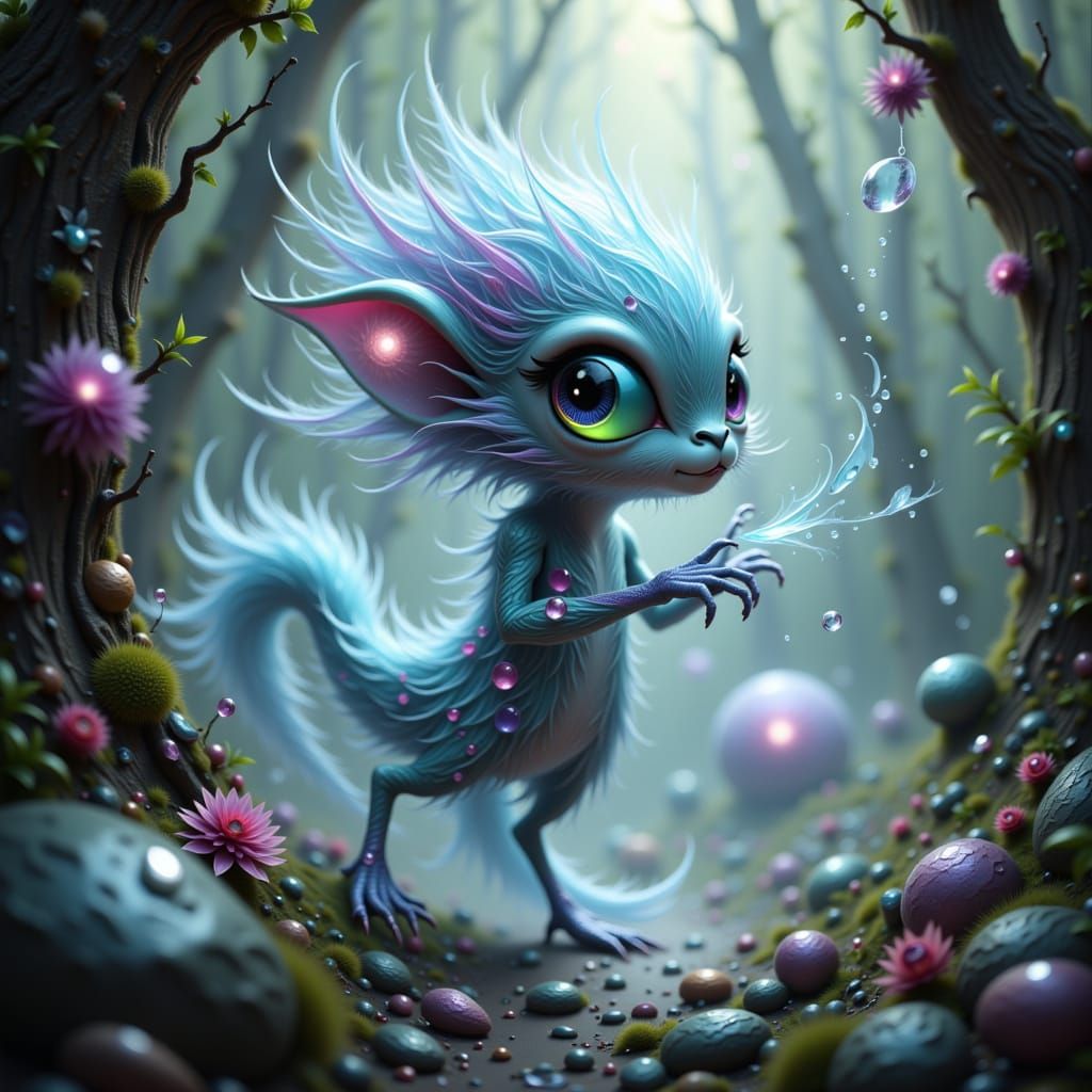 Silver Elemental in Whimsical Forest, Digital Art