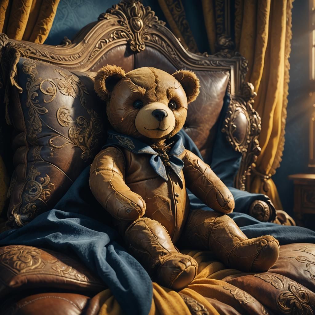 Leather Teddy on Ornate Bed: Fantasy Concept Art