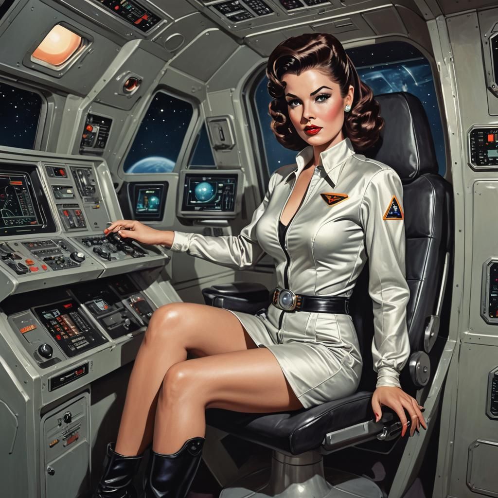 Retro Sci-Fi Pinup Space Woman at Controls