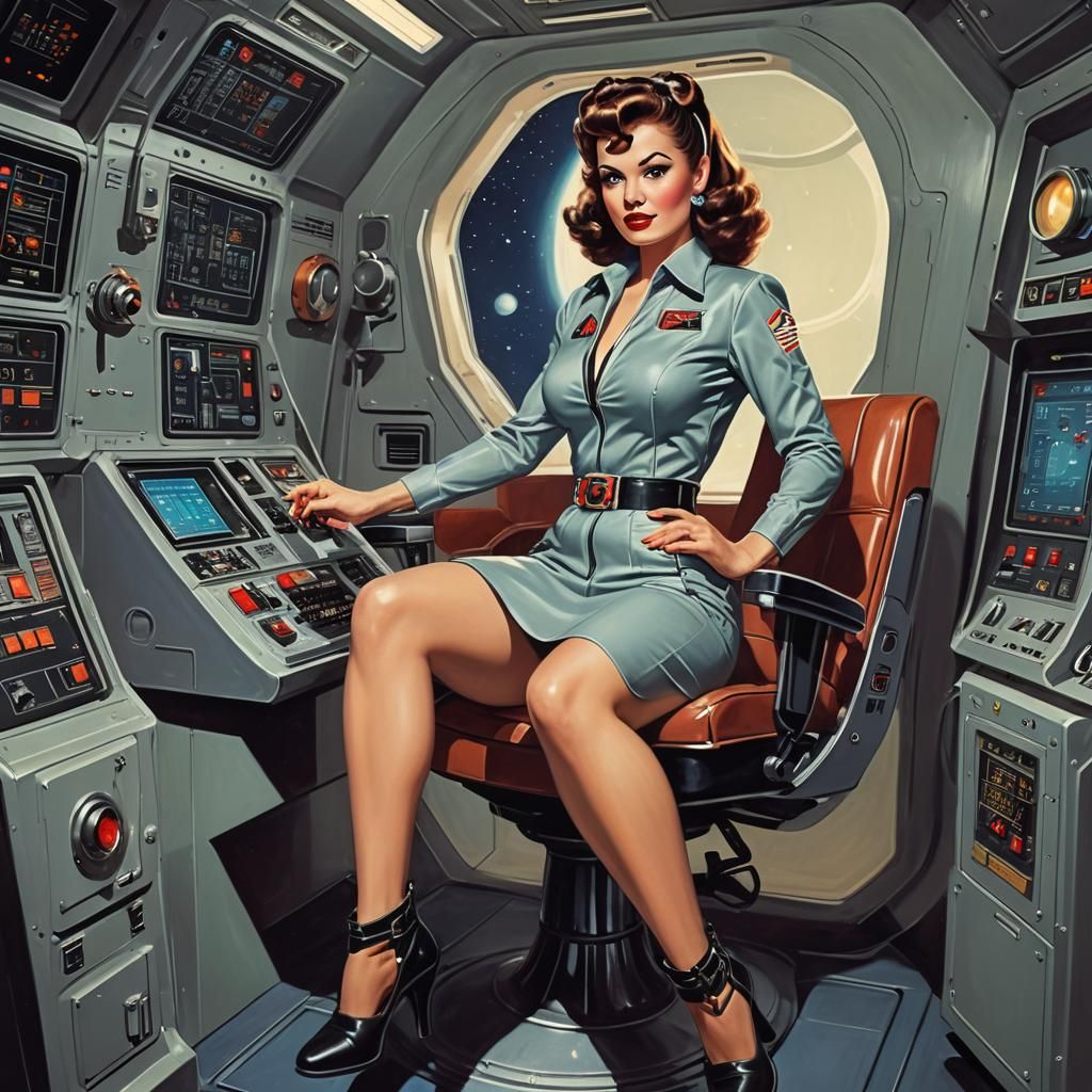 Retro Sci-Fi Pinup Space Woman in Spaceship Cabin