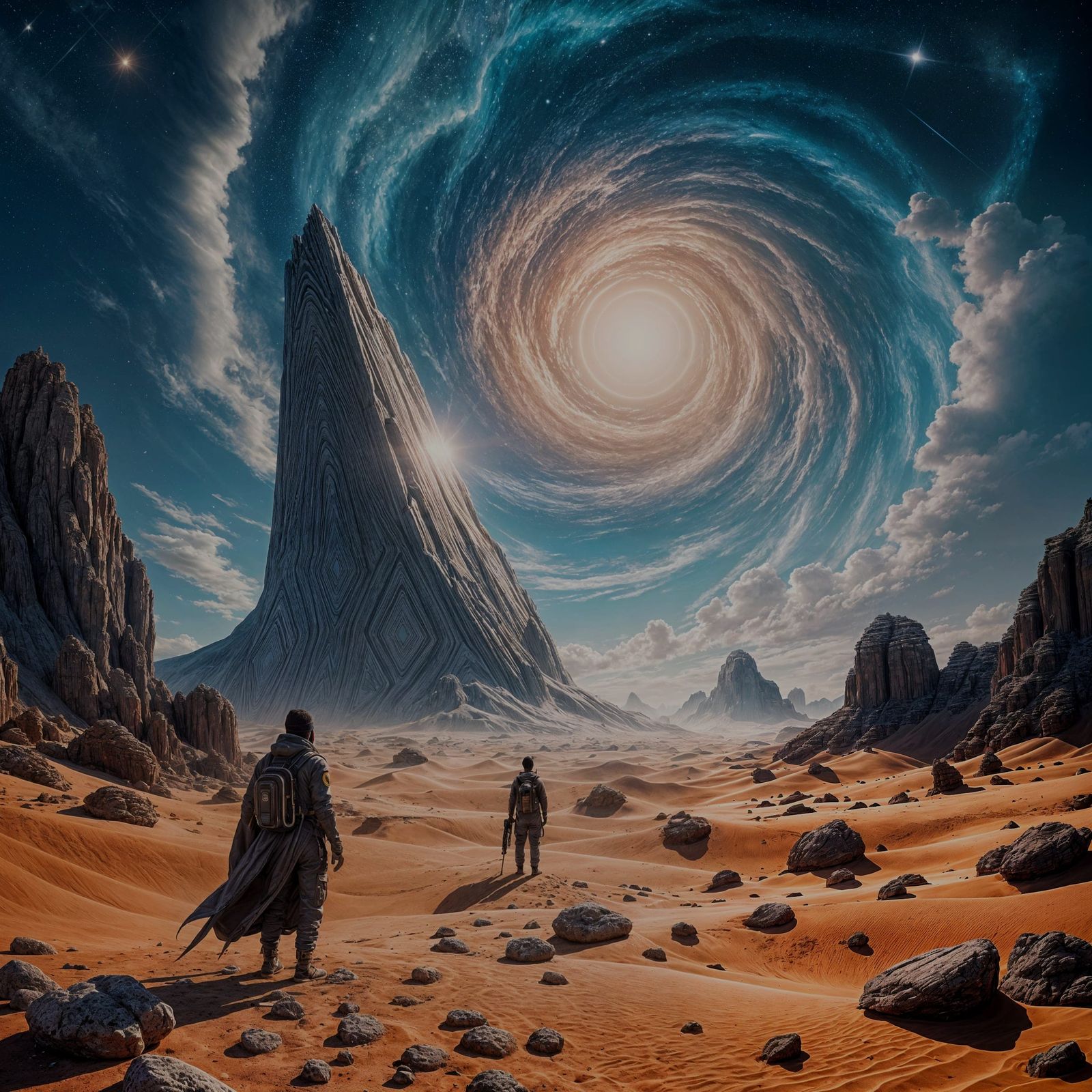 Explorer Gazing at Alien Structure: Cinematic Still