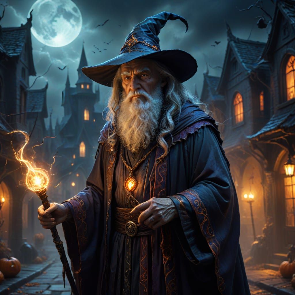 Wise Wizard in Halloween Costume with Glowing Staff