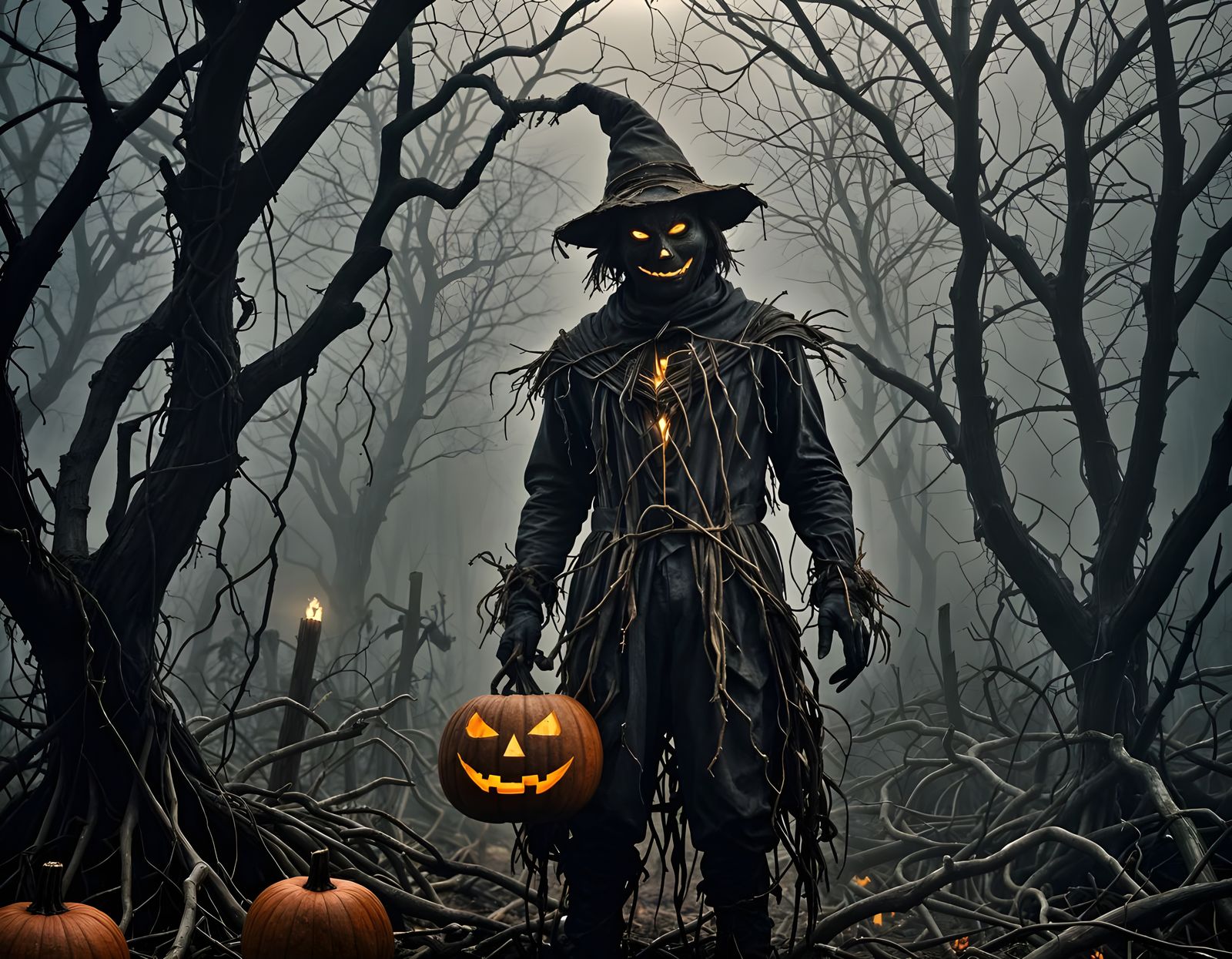 Haunting Scarecrow Figure Rising in Misty Forest