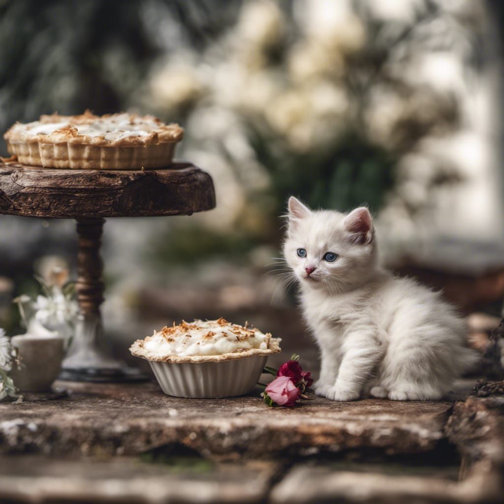 Hyperrealistic Garden Scene with Kittens and Pie