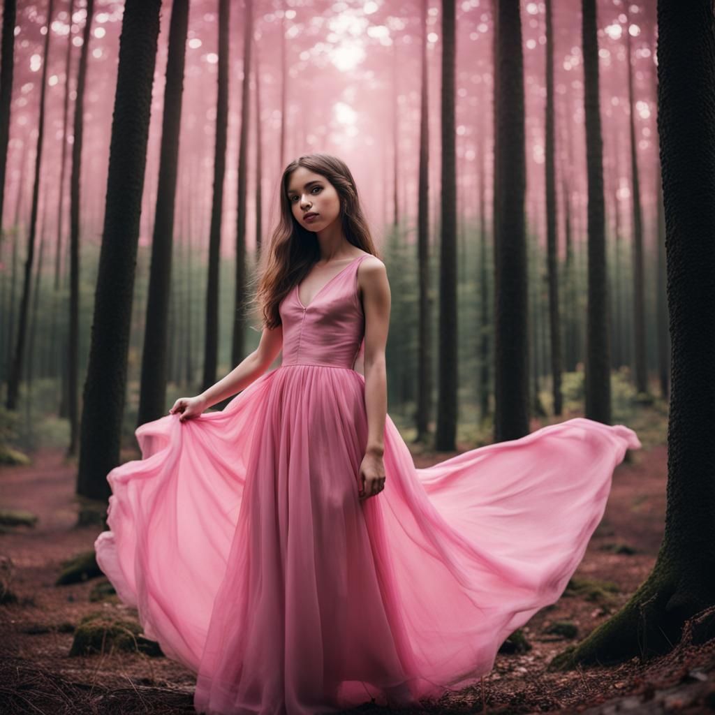Girl in Pink Dress in Forest