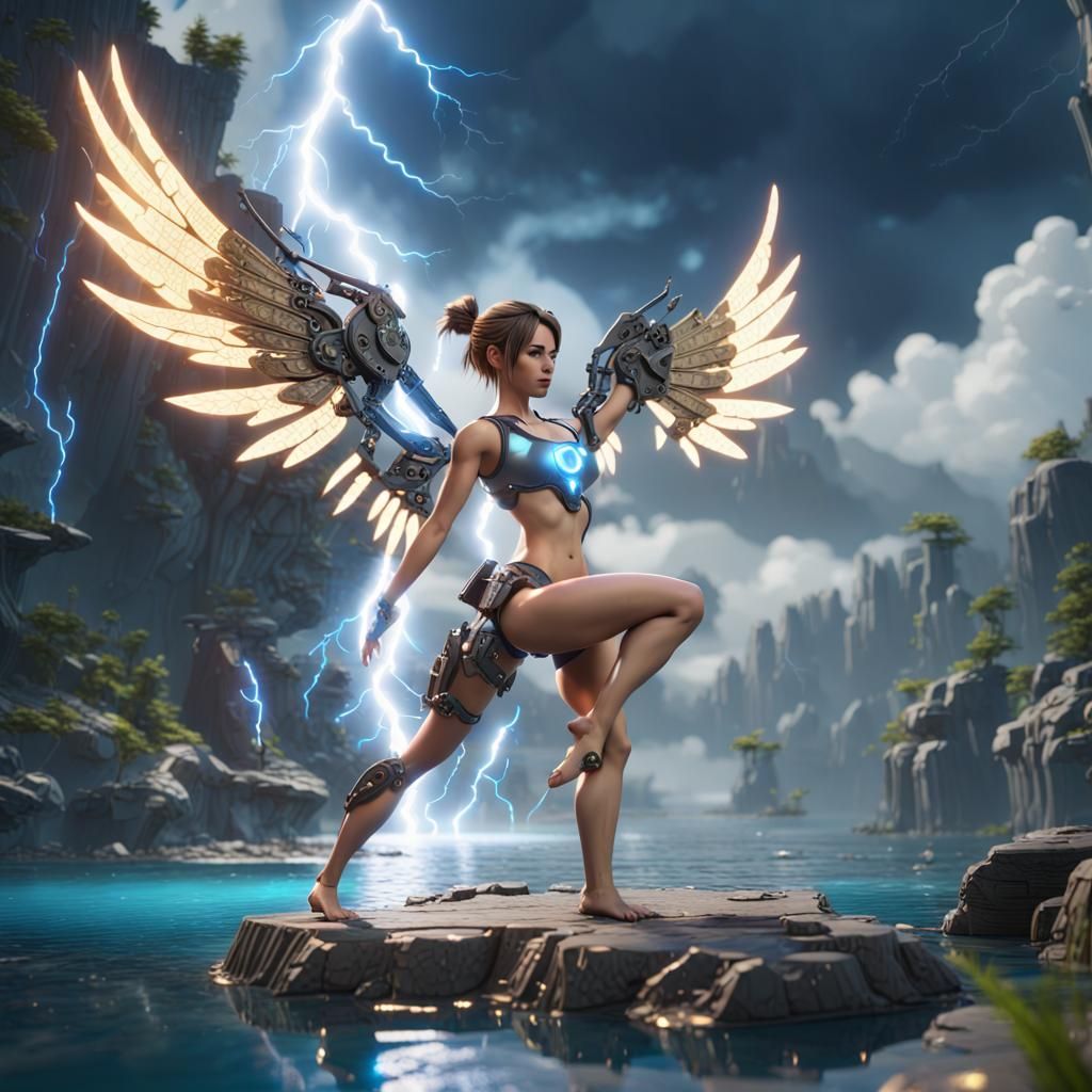 Futuristic Fairy Yoga Over Lake with Lightning