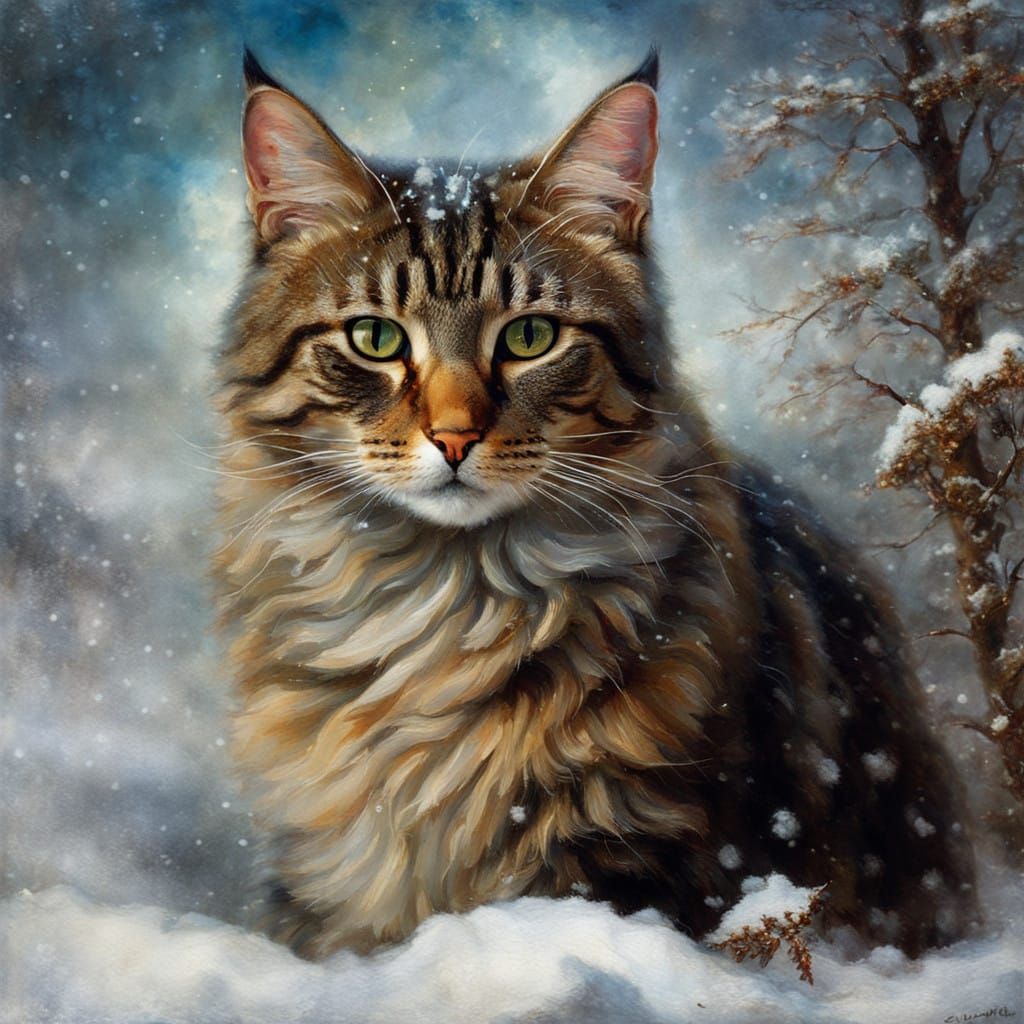 Surreal Tabby Cat in Whimsical Winter Wonderland