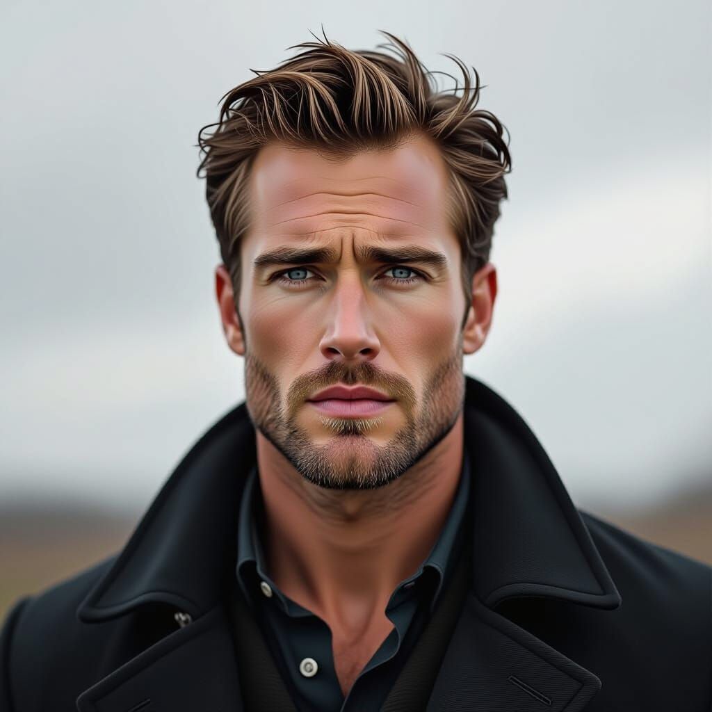 Young Man with Chiseled Jaw and Blue Eyes in Charcoal Sketch...