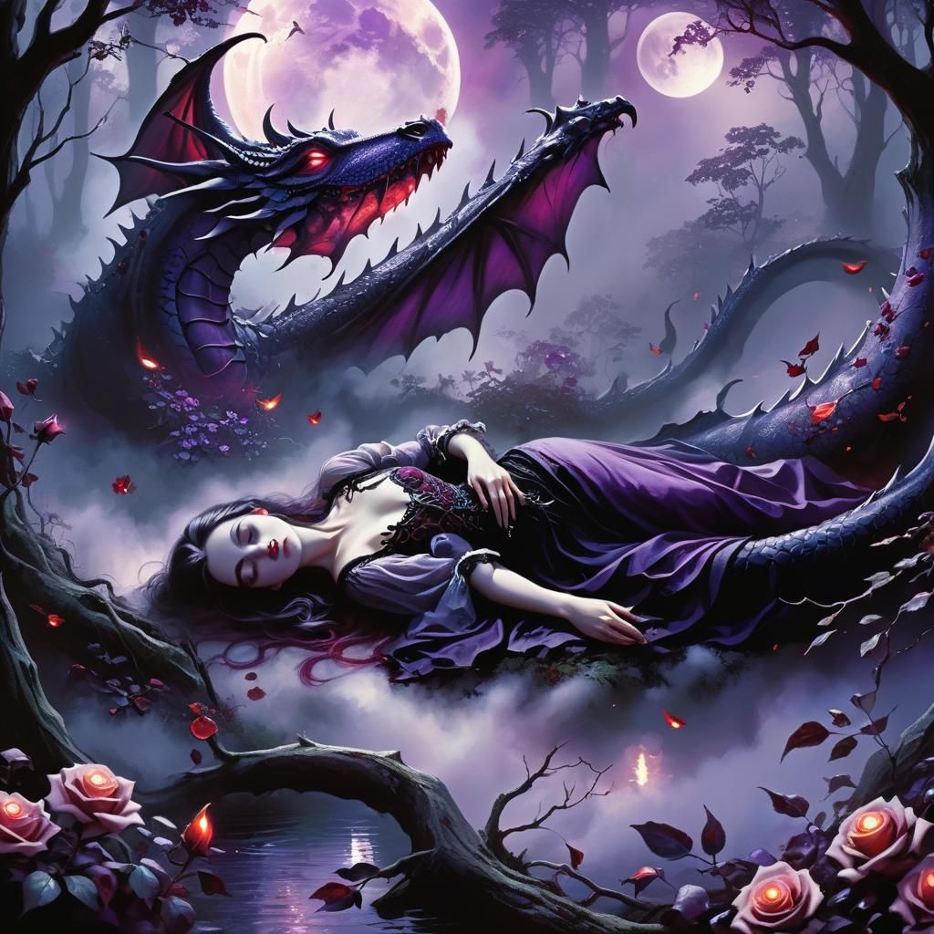 Gothic Girl and Dragon in Moonlit Forest