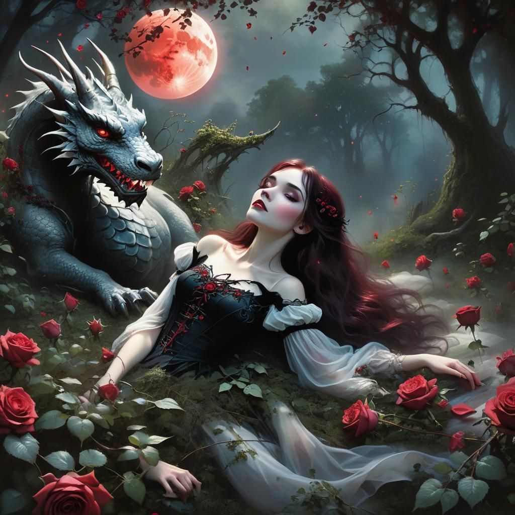 Gothic Girl and Dragon in Ethereal Fantasy Art