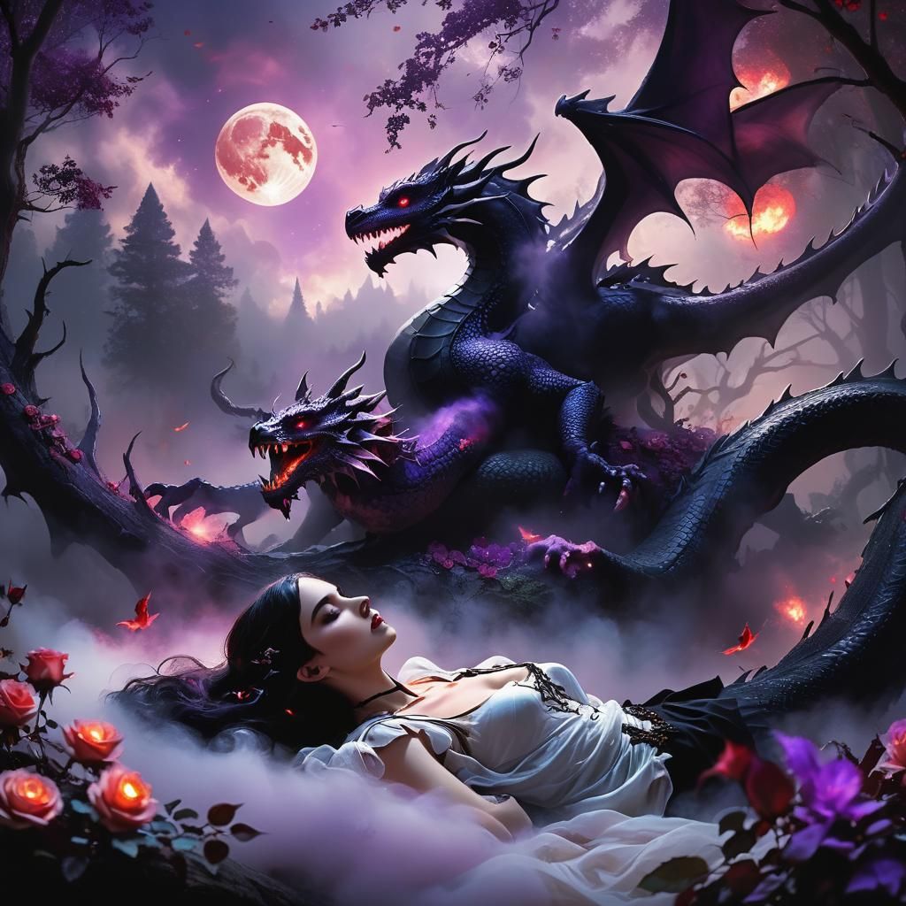 Gothic Girl in Ethereal Forest with Dragon