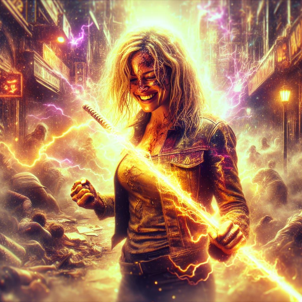 Cosmic Dystopia: Woman with Sword in Grungy Street