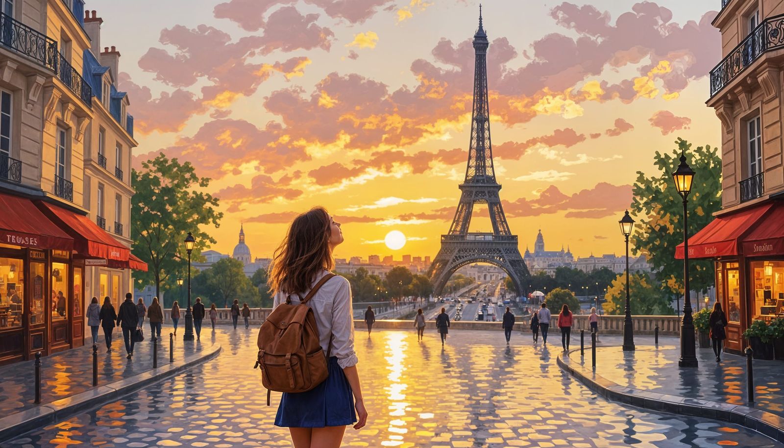 Woman Exploring Paris Streets at Sunset in Impressionist Sty...