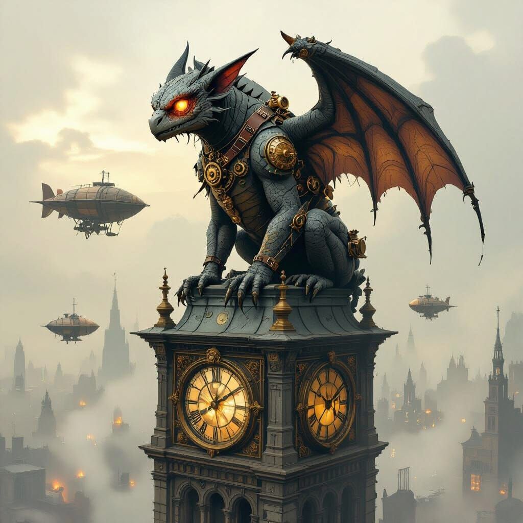 Steampunk Gargoyle on Victorian Clock Tower in Smog City