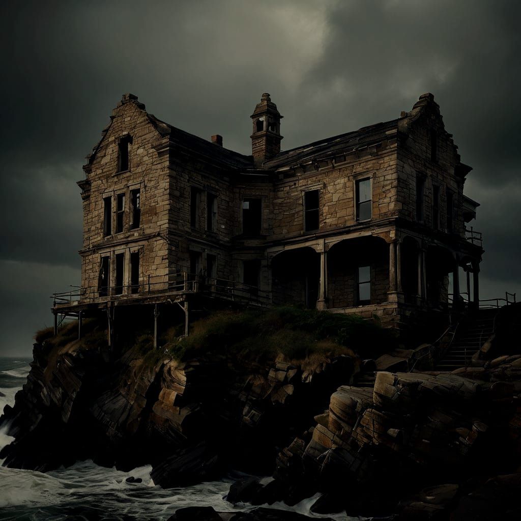 Decaying Asylum on a Bluff in Beksiński Style