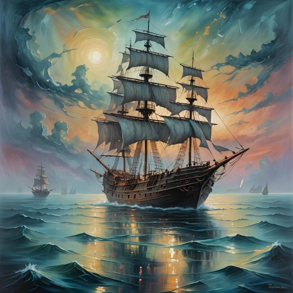 Surreal Ghost Ship on Twilight Sea