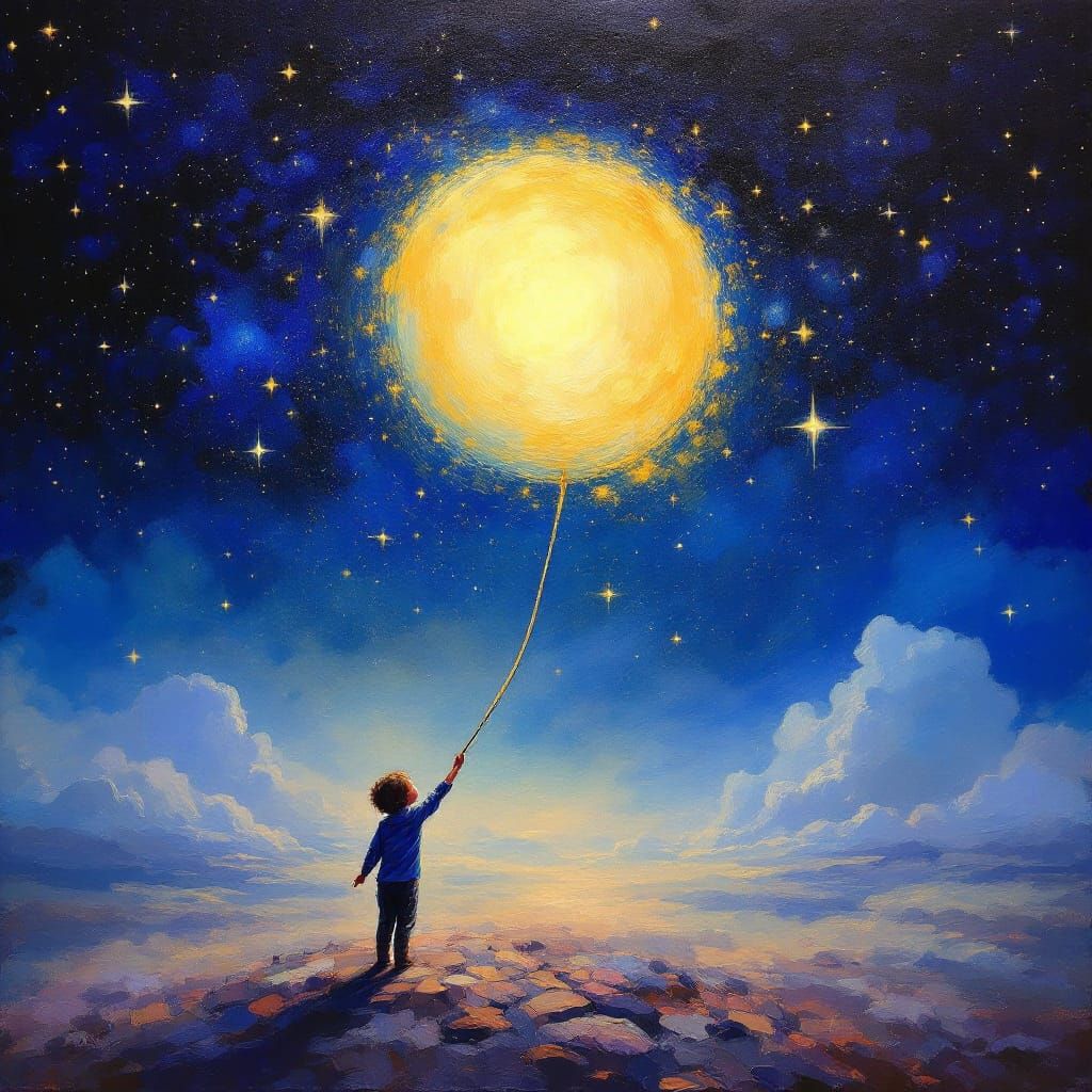 Child Holds Moon in Surreal Impasto Night Sky