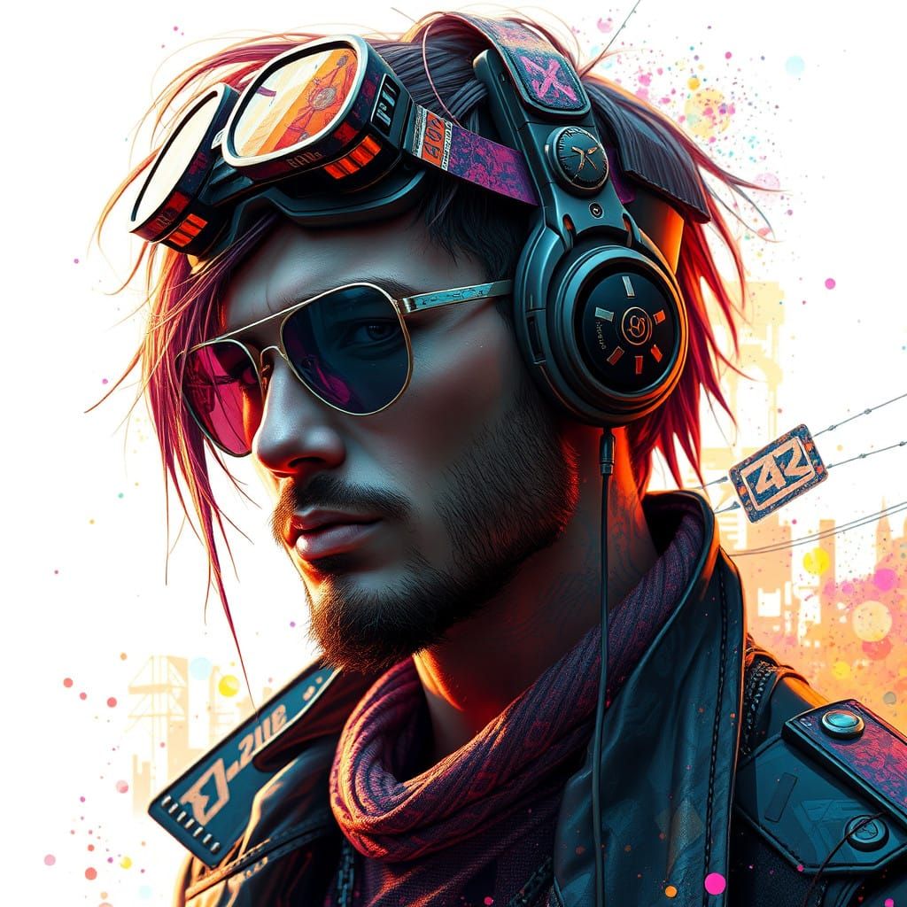 Cyberpunk Steam Punk Hippy Portrait in Triadic Colors