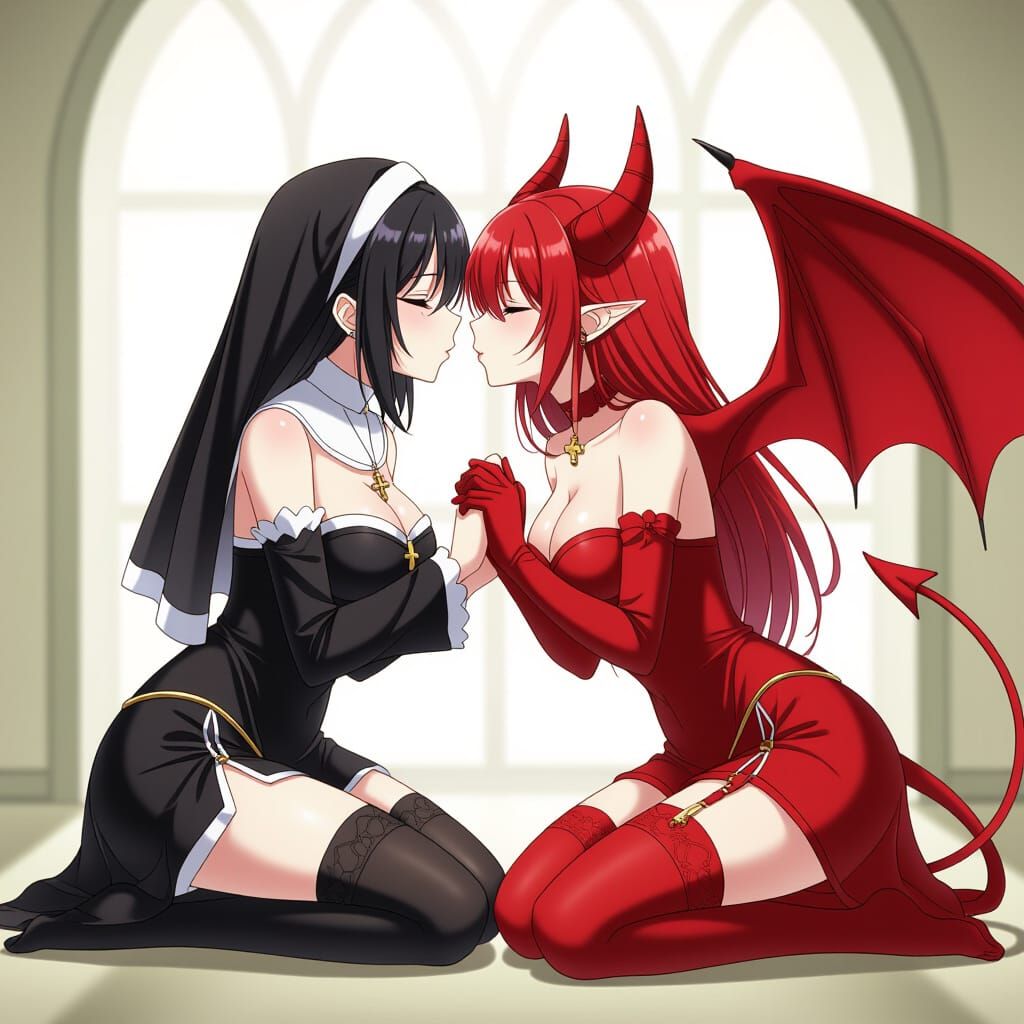 Nun and Demon Kiss in Anime Manga Style