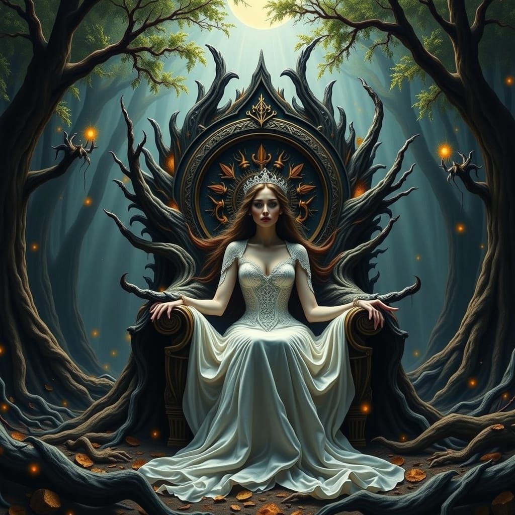 Ethereal Forest Queen on Glowing Root Throne