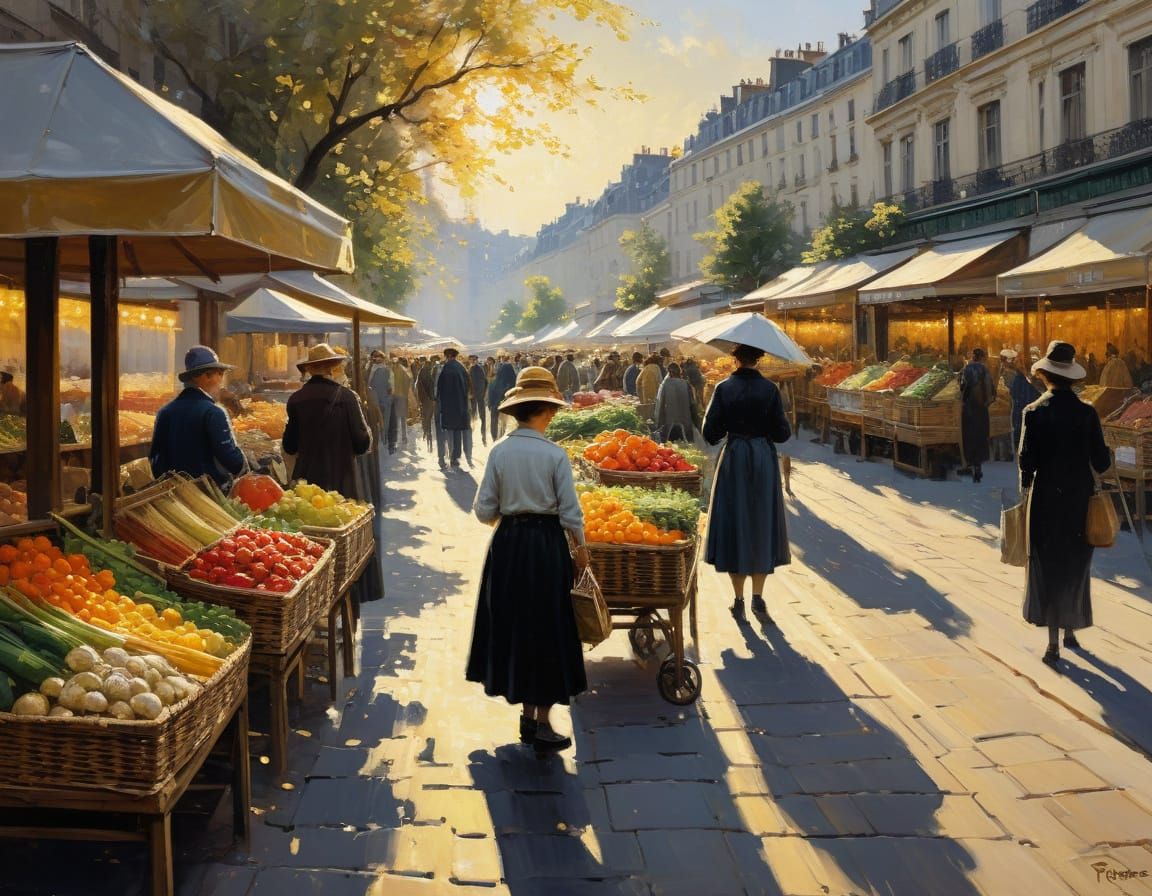 Farmers Market in Impressionist Oil Painting Style