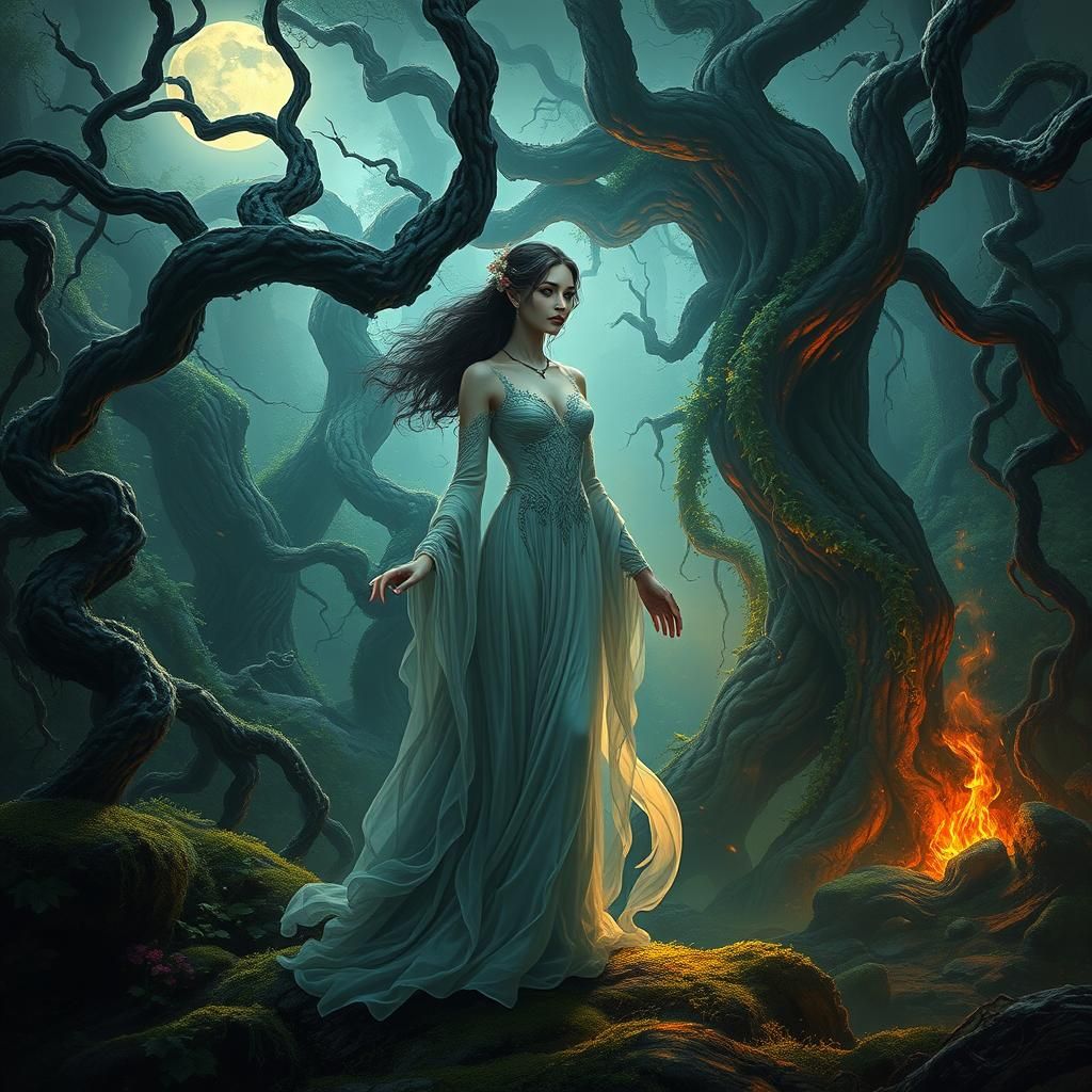 Ethereal Forest Goddess in Mystical Moonlight
