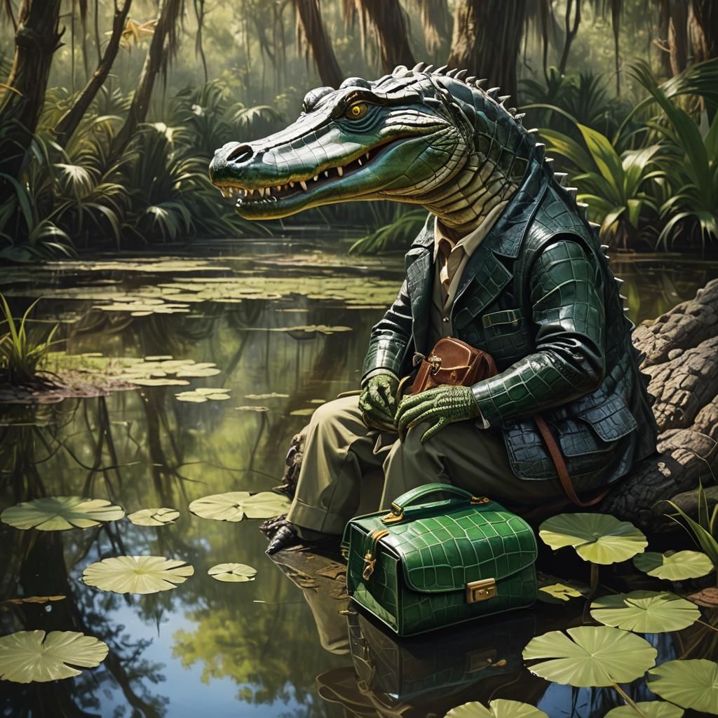 Alligator Contemplating Handbag in Lush Swamp