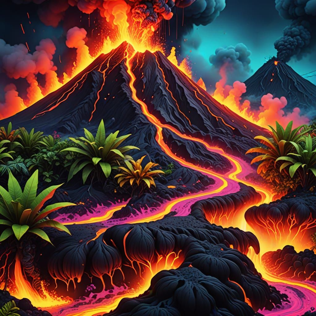 Surreal Volcano Eruption on Polynesian Island in Psychedelic...