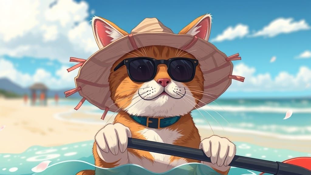 Anime Cat with Unique Hats at the Beach