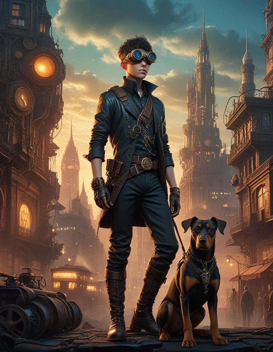 A Young Steampunk Adventurer Stands Guard Over a Fantastical...