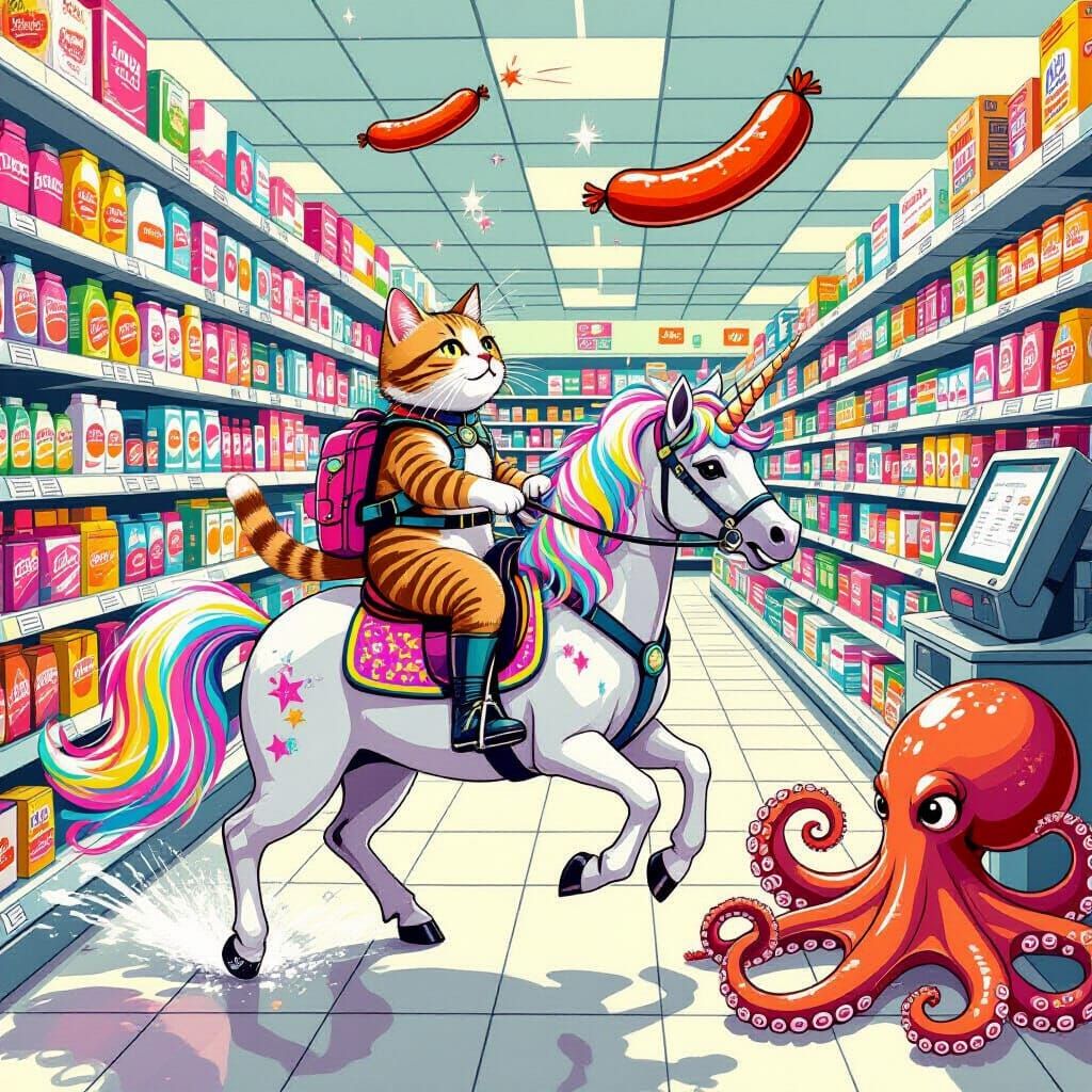 Cat Rides Unicorn Through Grocery Store in Dreamlike Art