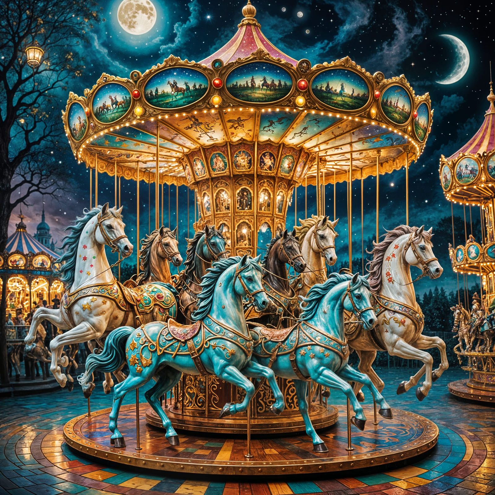 Vibrant Carousel Horses Escape into the Night