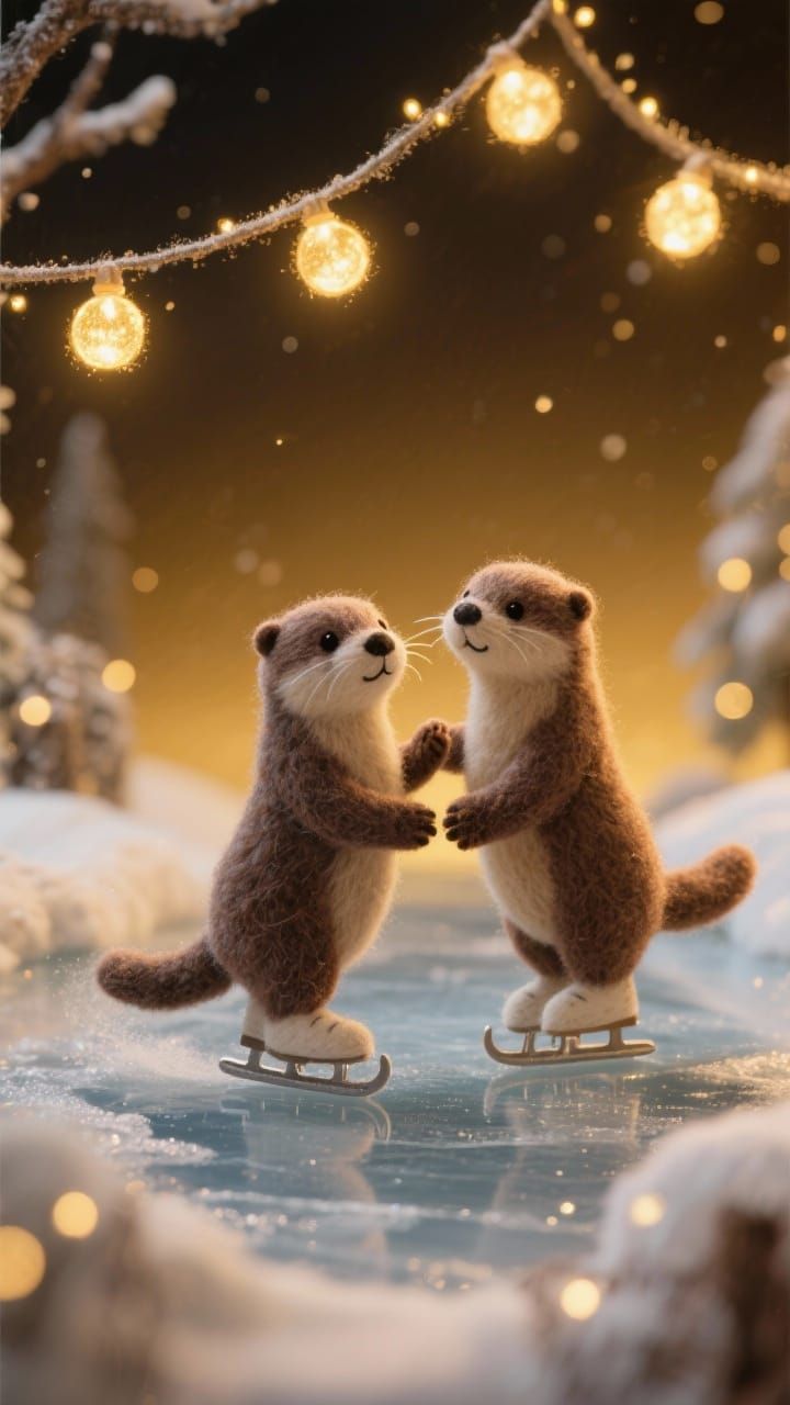 Cute Felted Otters Ice Skating in Snowy Scene