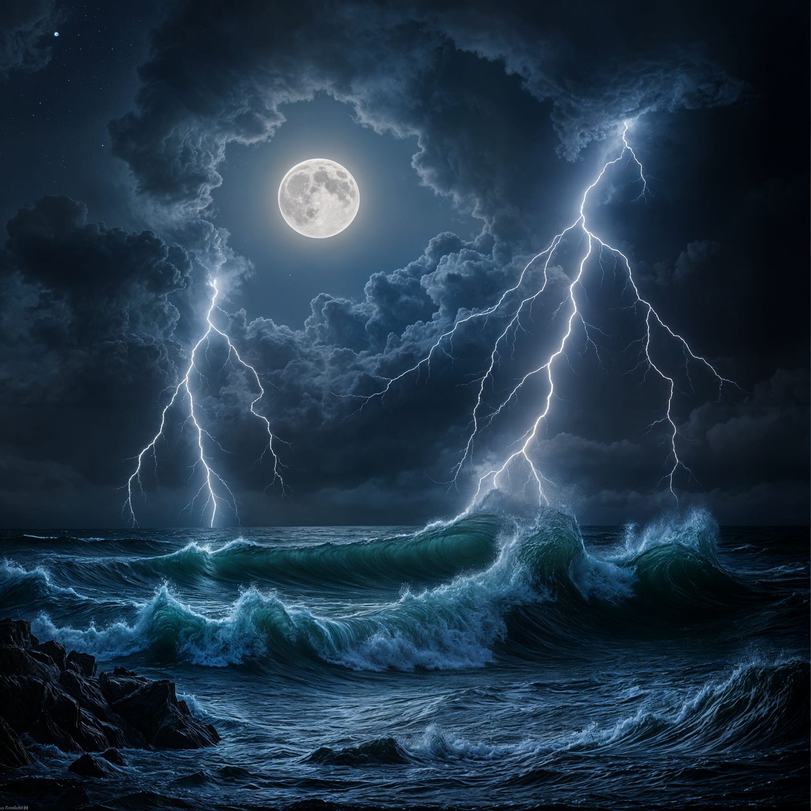 Full Moon Shines Through Stormy Clouds Over Agitated Sea