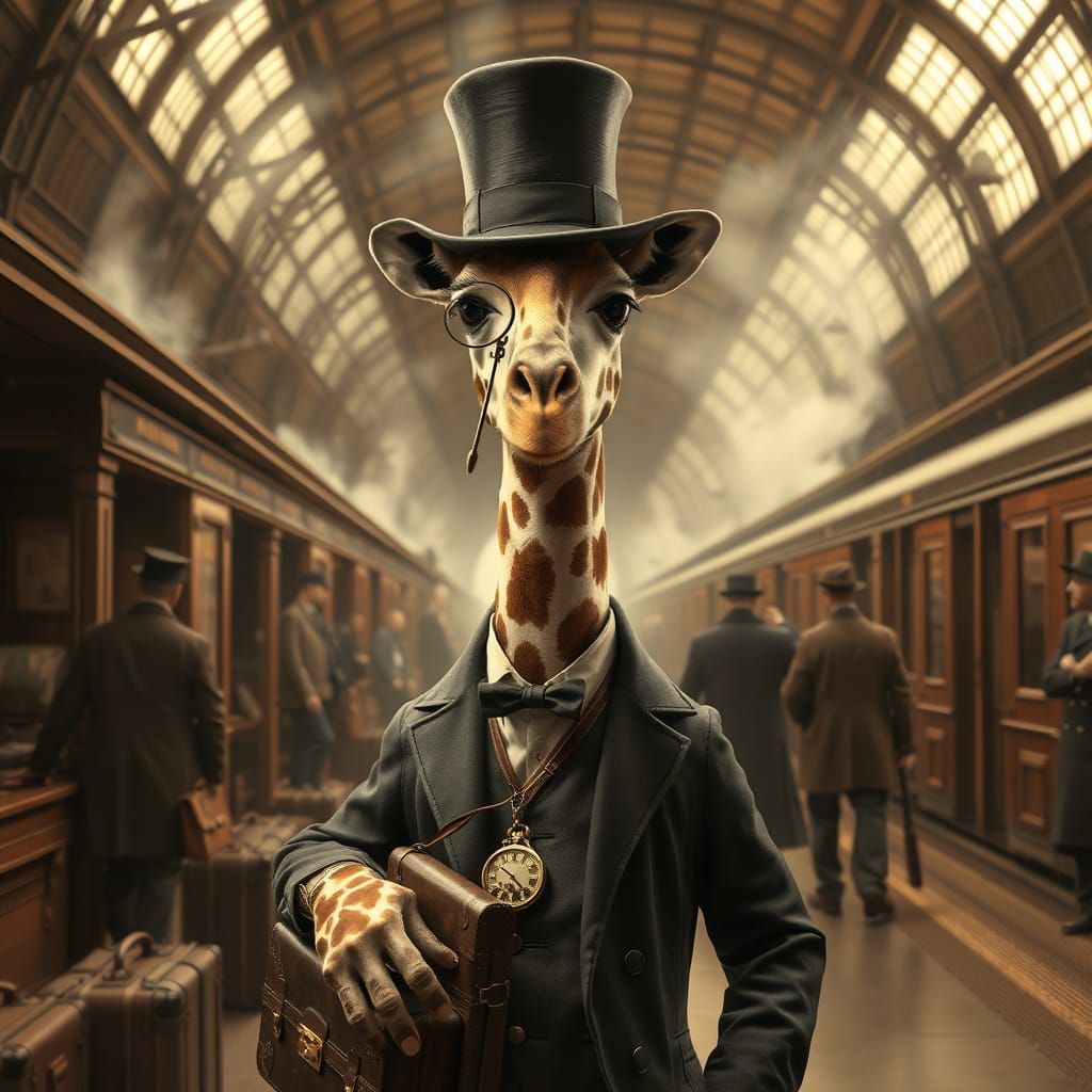 Steampunk Giraffe in Victorian Train Station