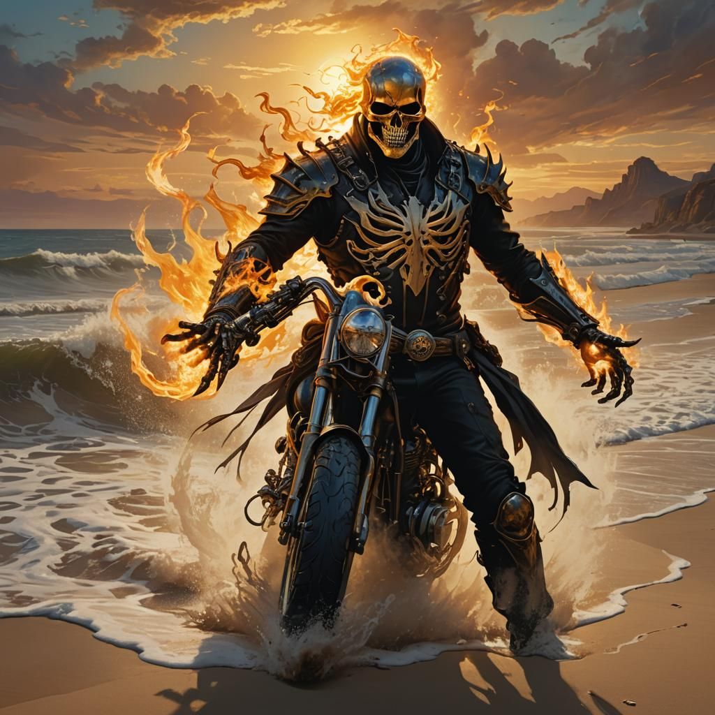 Ghost Rider on Sandy Beach at Sunset