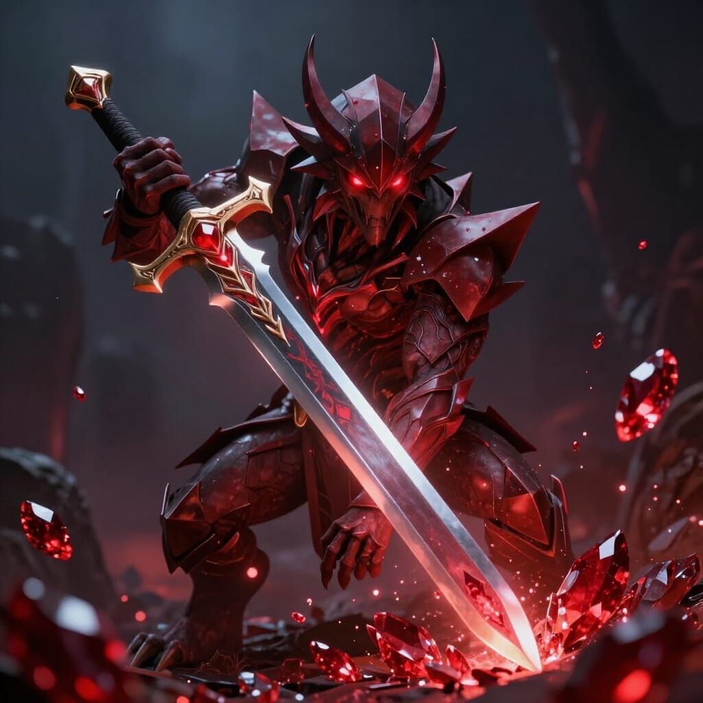 Stylized Monster with Ruby Sword in Dark Landscape