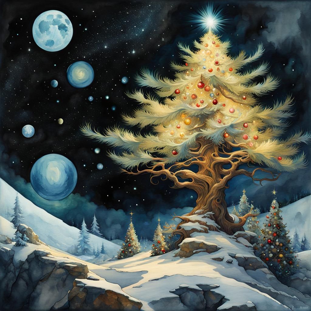 Cosmic Christmas Tree: Watercolor Sci-Fi Fantasy