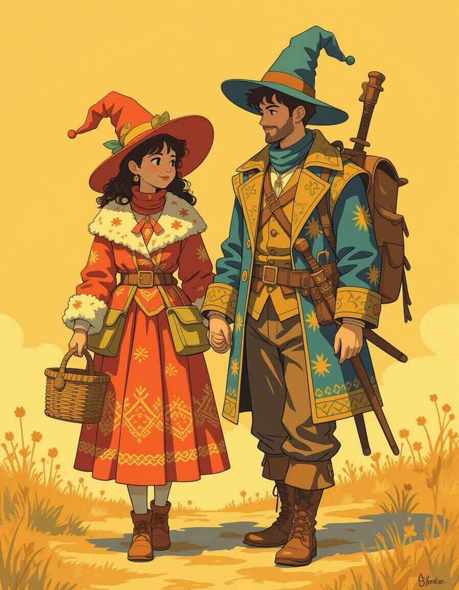 Whimsical Duo on Fantastical Journey in Golden Light