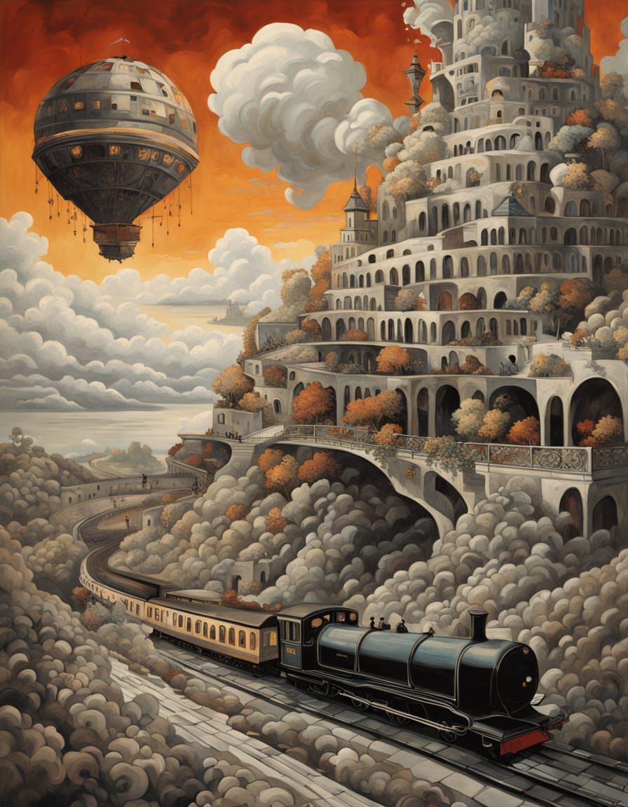 Impossible Structure with Spiraling Trains in Surrealist Sty...
