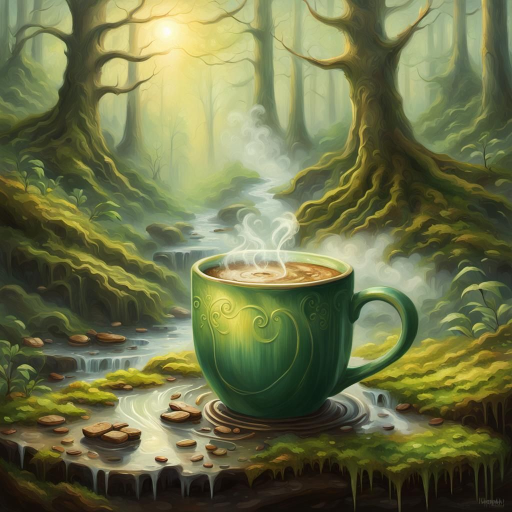 Ethereal Coffee in Misty Forest: Oil Painting