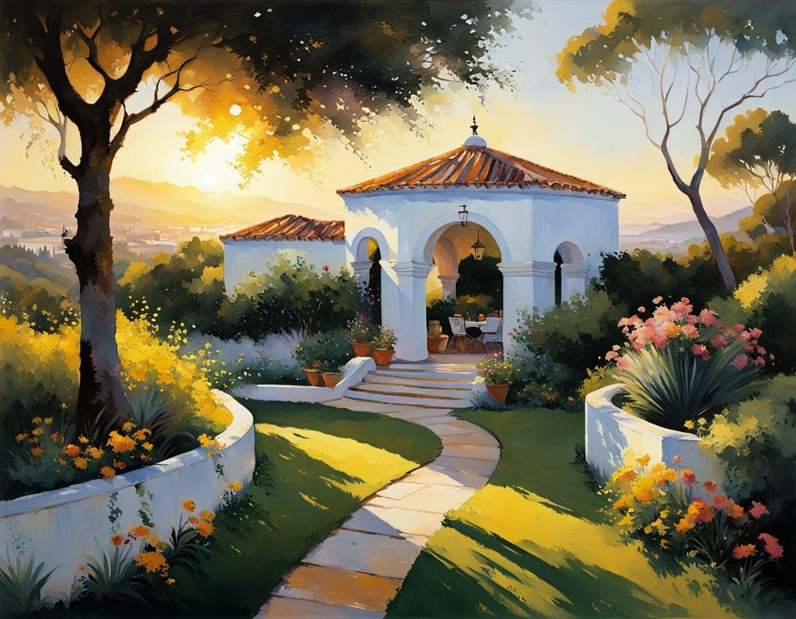 Impressionist White Garden House in Andalusian Sunset
