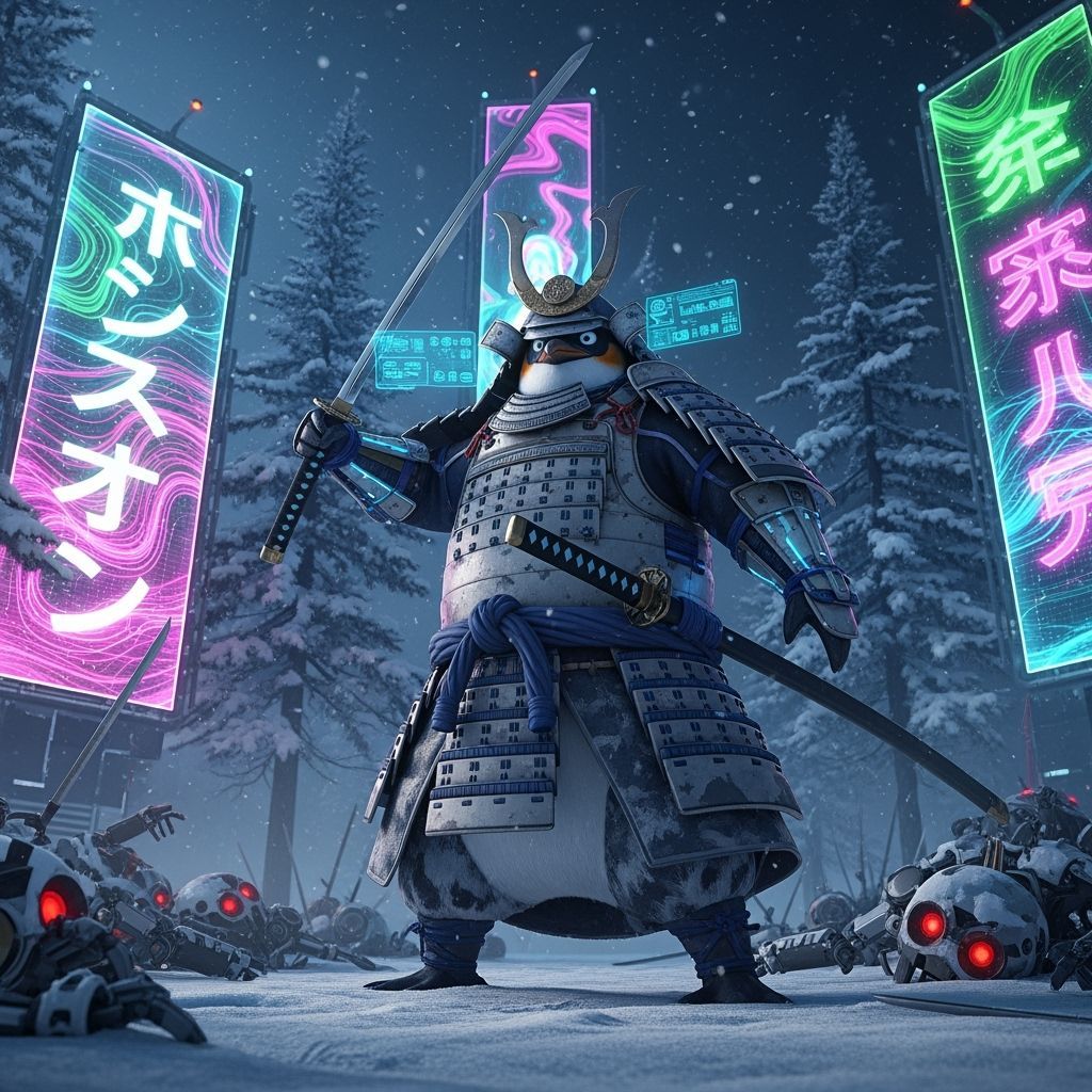 Samurai Penguin Warrior on Snowy Battlefield