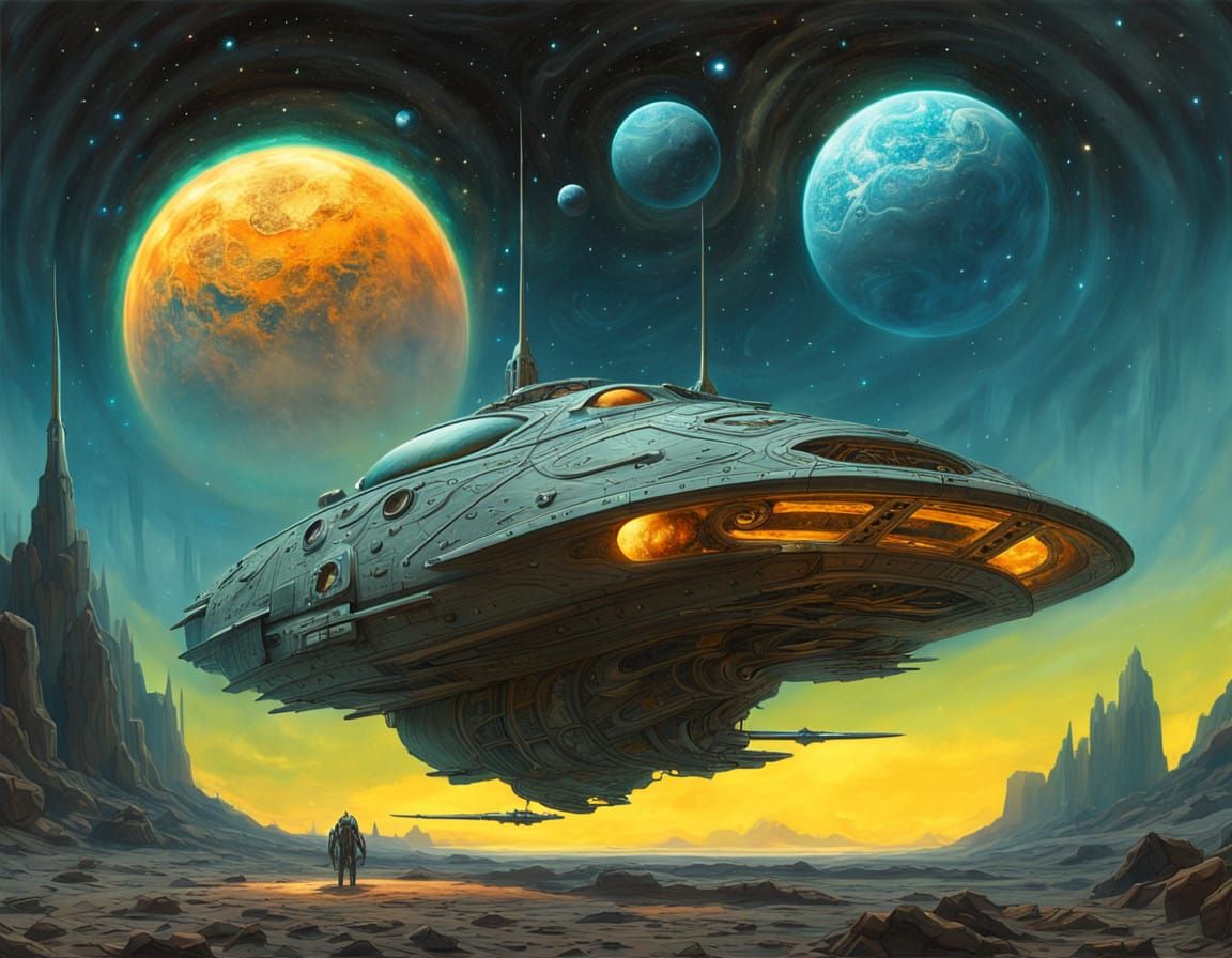 Majestic Spaceship with Skull Insignia in Cosmic Scene