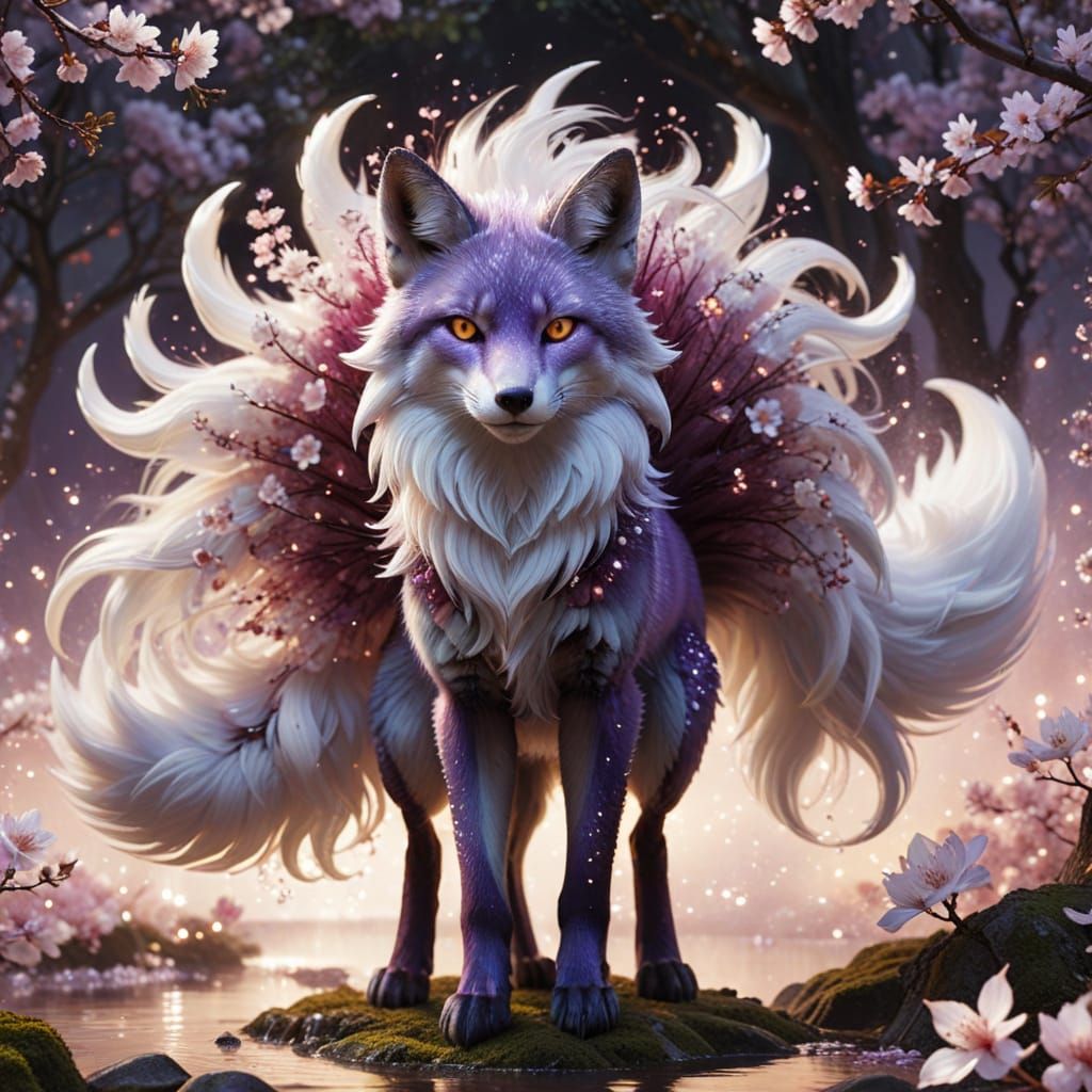 Majestic Nine-Tailed Fox in Cherry Blossom Bloom