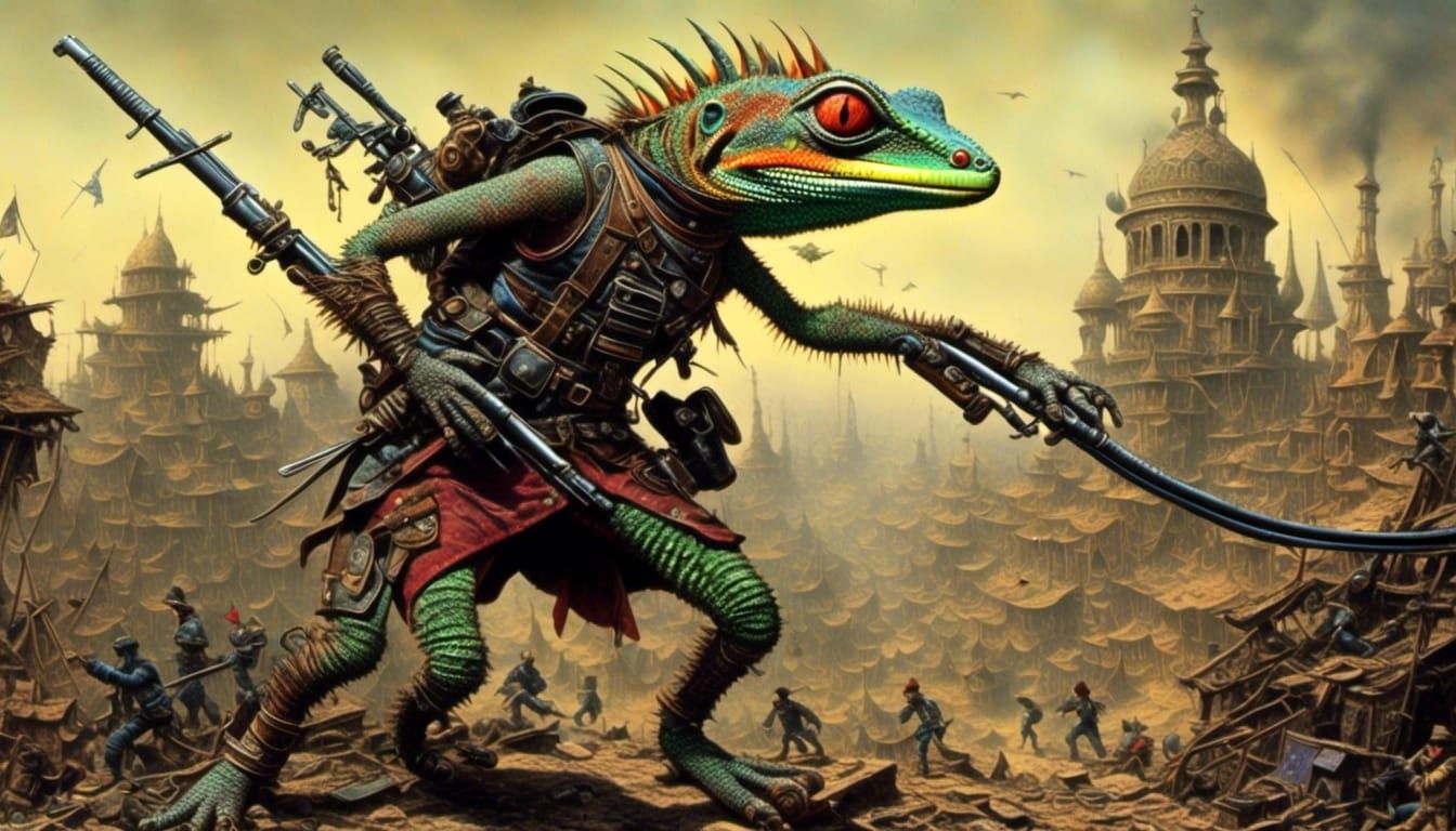 Lizard Mercenary in Surreal Battle, 3D Shading