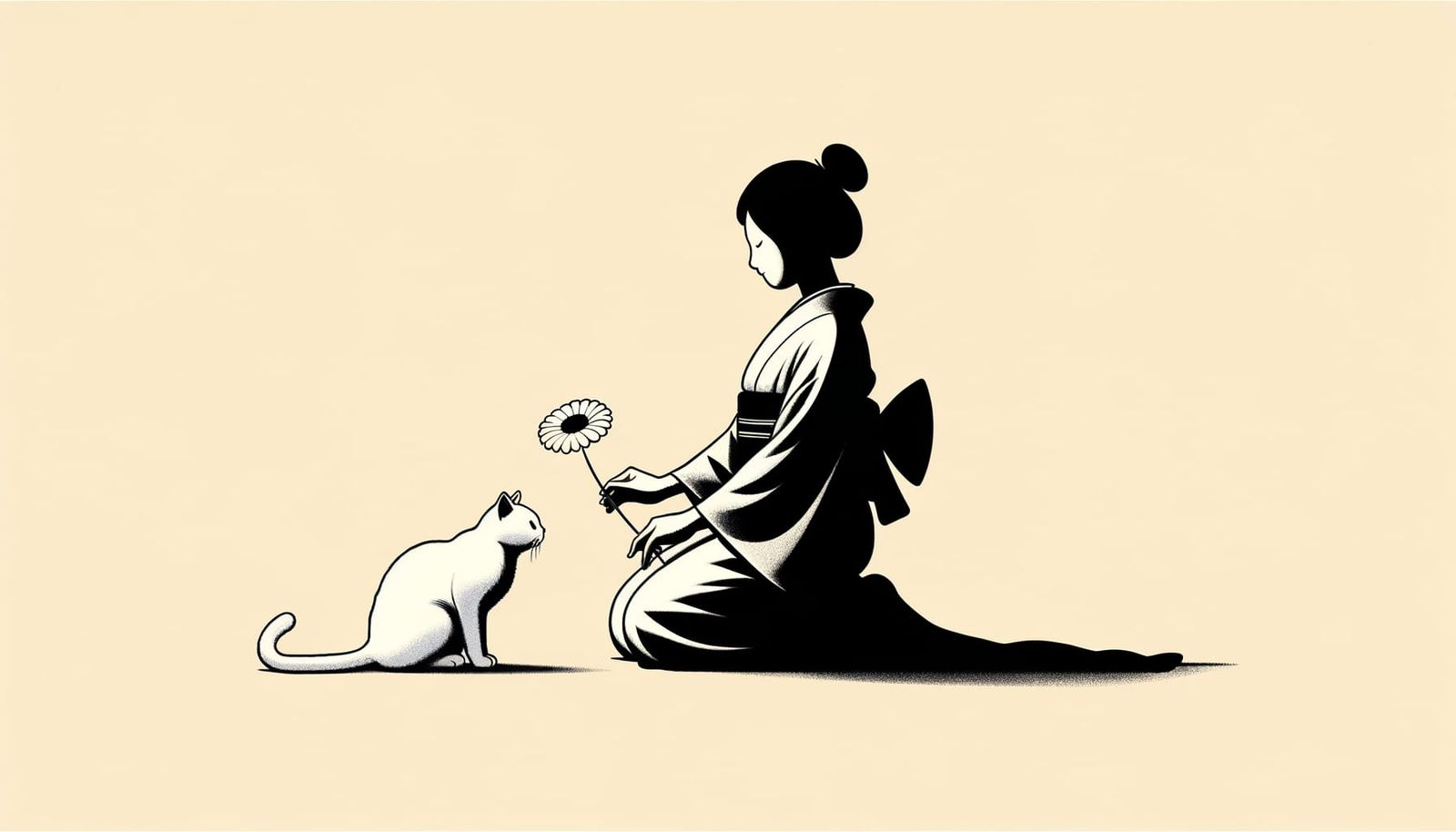 Whimsical White Cat in Japanese-Inspired Minimalist Scene